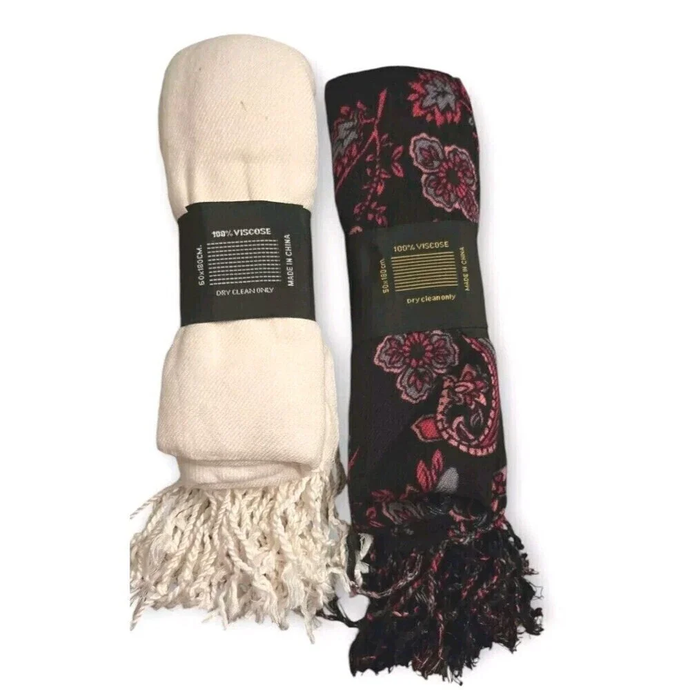 2 Pashmina Style Shawl by Ashley Cooper Cream & Black Floral Fringe Giftable